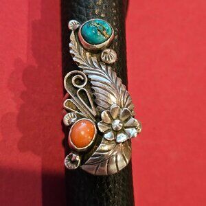 Vintage Native American Sterling, Coral and Turquoise Ring, Signed, size 5.5